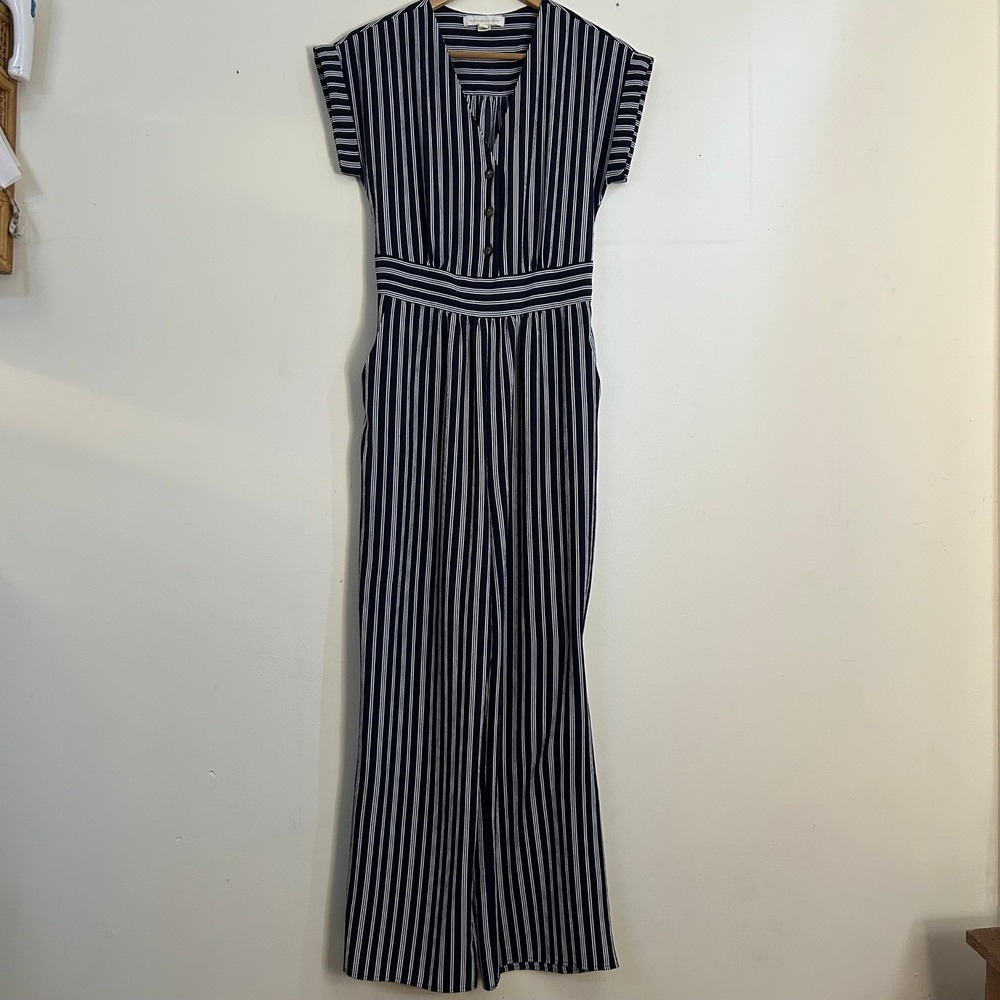 Monteau Los Angeles Striped Wide‎ Leg Jumpsuit Blue White Large Excellent